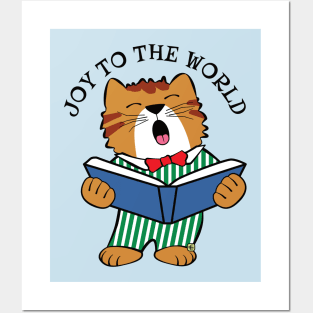 Christmas Cat Singing Joy to the World Posters and Art